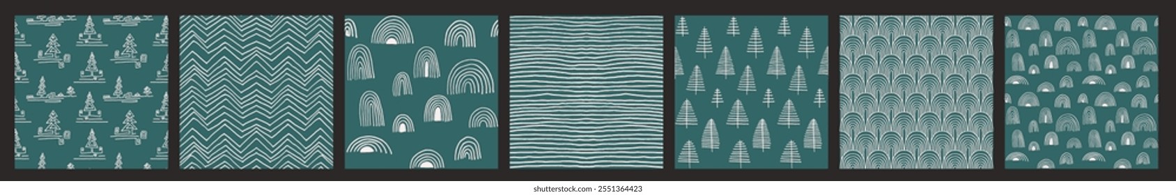 Set of New Year, Christmas patterns with fir trees. Scandinavian Norwegian simple winter print. Minimalistic graphic illustration. Striped herringbone pattern with snowflakes, snowballs.