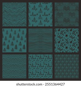 Set of New Year, Christmas patterns with fir trees. Scandinavian Norwegian simple winter print. Minimalistic graphic illustration. Striped herringbone pattern with snowflakes, snowballs.