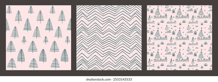 Conjunto de Ano Novo, padrões de Natal com abetos. Escandinavo norueguês simples inverno impressão. Ilustração gráfica minimalista. Padrão de espinha de peixe listrada com flocos de neve, bolas de neve.