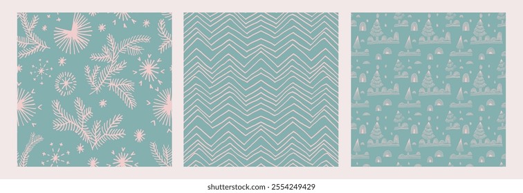 Set of New Year, Christmas patterns with fir trees. Scandinavian Norwegian simple winter print. Minimalistic graphic illustration. Striped herringbone pattern with snowflakes, snowballs.