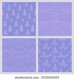 Set of New Year, Christmas patterns with fir trees. Scandinavian Norwegian simple winter print. Minimalistic graphic illustration. Striped herringbone pattern with snowflakes, snowballs.
