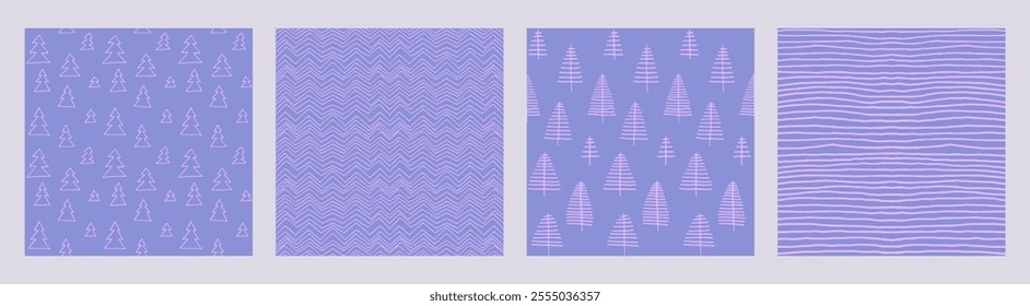 Set of New Year, Christmas patterns with fir trees. Scandinavian Norwegian simple winter print. Minimalistic graphic illustration. Striped herringbone pattern with snowflakes, snowballs.