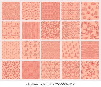Set of New Year, Christmas patterns with fir trees. Scandinavian Norwegian simple winter print. Minimalistic graphic illustration. Striped herringbone pattern with snowflakes, snowballs.