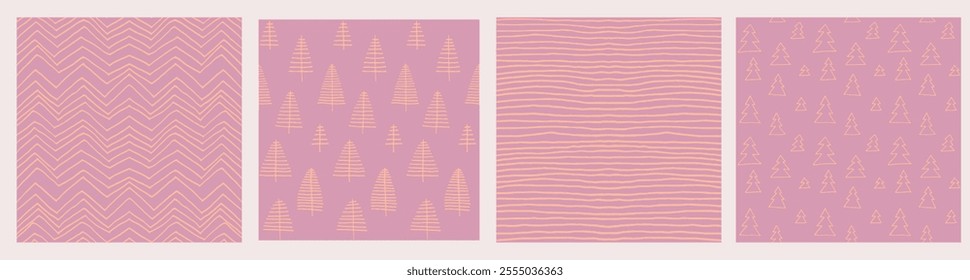 Set of New Year, Christmas patterns with fir trees. Scandinavian Norwegian simple winter print. Minimalistic graphic illustration. Striped herringbone pattern with snowflakes, snowballs.