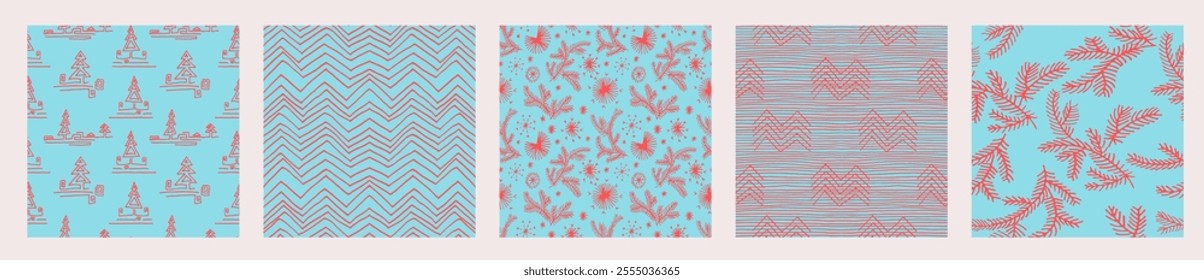 Set of New Year, Christmas patterns with fir trees. Scandinavian Norwegian simple winter print. Minimalistic graphic illustration. Striped herringbone pattern with snowflakes, snowballs.