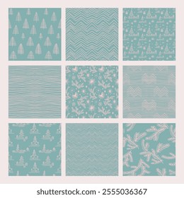Set of New Year, Christmas patterns with fir trees. Scandinavian Norwegian simple winter print. Minimalistic graphic illustration. Striped herringbone pattern with snowflakes, snowballs.