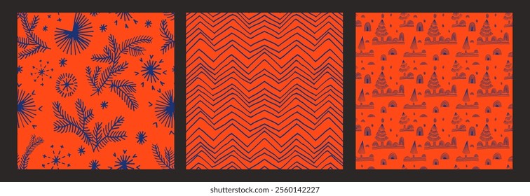Set of New Year, Christmas patterns with fir trees. Scandinavian Norwegian simple winter print. Minimalistic graphic illustration. Striped herringbone pattern with snowflakes, snowballs.