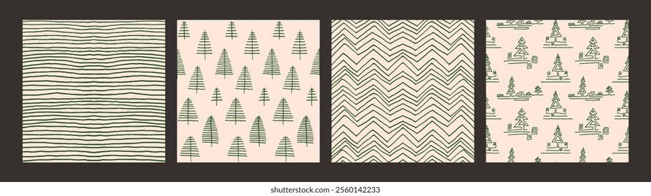 Set of New Year, Christmas patterns with fir trees. Scandinavian Norwegian simple winter print. Minimalistic graphic illustration. Striped herringbone pattern with snowflakes, snowballs.