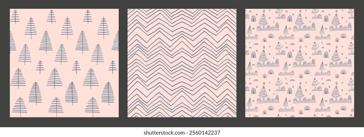 Set of New Year, Christmas patterns with fir trees. Scandinavian Norwegian simple winter print. Minimalistic graphic illustration. Striped herringbone pattern with snowflakes, snowballs.