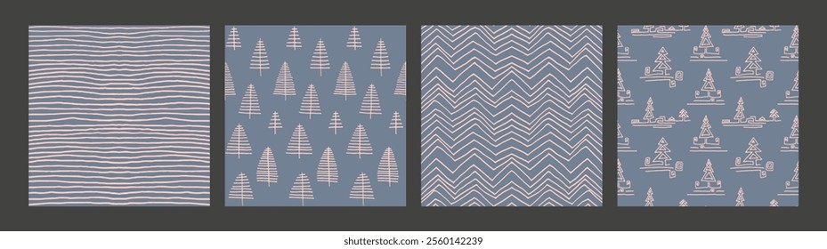 Set of New Year, Christmas patterns with fir trees. Scandinavian Norwegian simple winter print. Minimalistic graphic illustration. Striped herringbone pattern with snowflakes, snowballs.