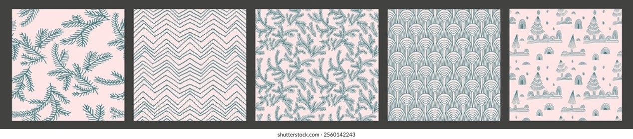 Set of New Year, Christmas patterns with fir trees. Scandinavian Norwegian simple winter print. Minimalistic graphic illustration. Striped herringbone pattern with snowflakes, snowballs.