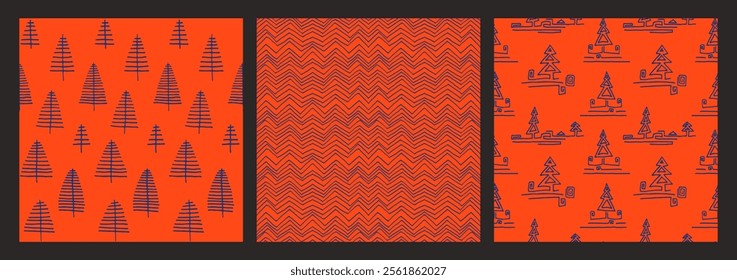 Set of New Year, Christmas patterns with fir trees. Scandinavian Norwegian simple winter print. Minimalistic graphic illustration. Striped herringbone pattern with snowflakes, snowballs.