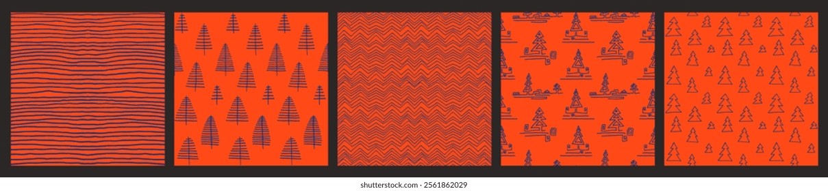 Set of New Year, Christmas patterns with fir trees. Scandinavian Norwegian simple winter print. Minimalistic graphic illustration. Striped herringbone pattern with snowflakes, snowballs.