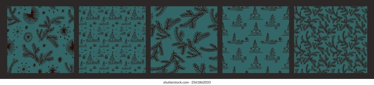 Set of New Year, Christmas patterns with fir trees. Scandinavian Norwegian simple winter print. Minimalistic graphic illustration. Striped herringbone pattern with snowflakes, snowballs.