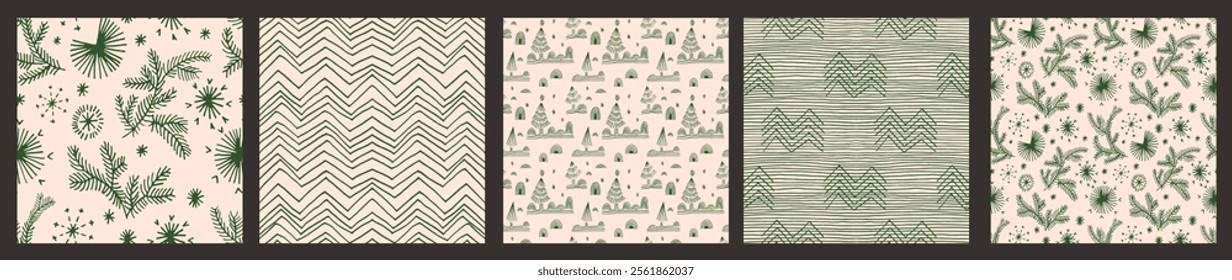 Set of New Year, Christmas patterns with fir trees. Scandinavian Norwegian simple winter print. Minimalistic graphic illustration. Striped herringbone pattern with snowflakes, snowballs.