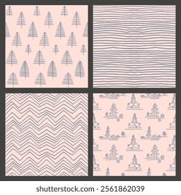 Set of New Year, Christmas patterns with fir trees. Scandinavian Norwegian simple winter print. Minimalistic graphic illustration. Striped herringbone pattern with snowflakes, snowballs.