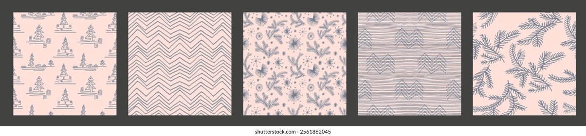 Set of New Year, Christmas patterns with fir trees. Scandinavian Norwegian simple winter print. Minimalistic graphic illustration. Striped herringbone pattern with snowflakes, snowballs.