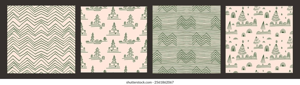 Set of New Year, Christmas patterns with fir trees. Scandinavian Norwegian simple winter print. Minimalistic graphic illustration. Striped herringbone pattern with snowflakes, snowballs.