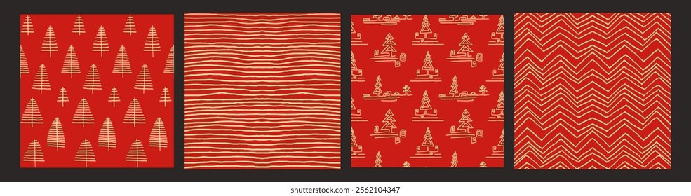 Set of New Year, Christmas patterns with fir trees. Scandinavian Norwegian simple winter print. Minimalistic graphic illustration. Striped herringbone pattern with snowflakes, snowballs.