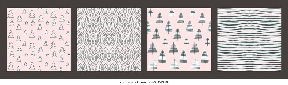 Set of New Year, Christmas patterns with fir trees. Scandinavian Norwegian simple winter print. Minimalistic graphic illustration. Striped herringbone pattern with snowflakes, snowballs.
