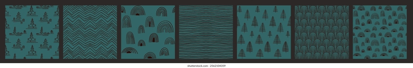 Set of New Year, Christmas patterns with fir trees. Scandinavian Norwegian simple winter print. Minimalistic graphic illustration. Striped herringbone pattern with snowflakes, snowballs.