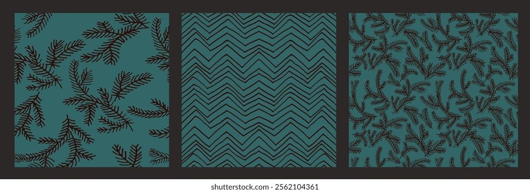 Set of New Year, Christmas patterns with fir trees. Scandinavian Norwegian simple winter print. Minimalistic graphic illustration. Striped herringbone pattern with snowflakes, snowballs.