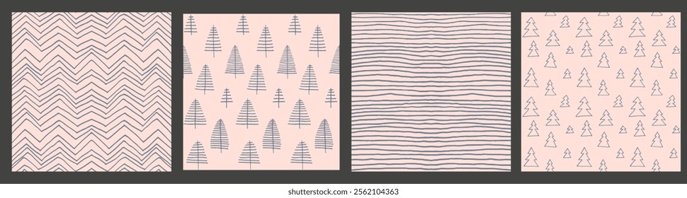 Set of New Year, Christmas patterns with fir trees. Scandinavian Norwegian simple winter print. Minimalistic graphic illustration. Striped herringbone pattern with snowflakes, snowballs.