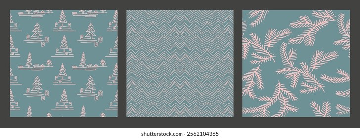 Set of New Year, Christmas patterns with fir trees. Scandinavian Norwegian simple winter print. Minimalistic graphic illustration. Striped herringbone pattern with snowflakes, snowballs.