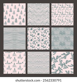 Set of New Year, Christmas patterns with fir trees. Scandinavian Norwegian simple winter print. Minimalistic graphic illustration. Striped herringbone pattern with snowflakes, snowballs.