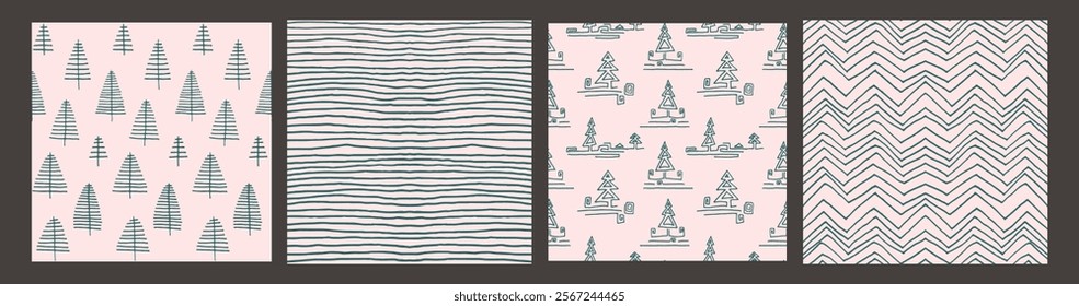 Set of New Year, Christmas patterns with fir trees. Scandinavian Norwegian simple winter print. Minimalistic graphic illustration. Striped herringbone pattern with snowflakes, snowballs.