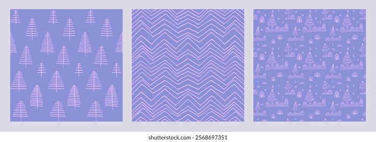 Set of New Year, Christmas patterns with fir trees. Scandinavian Norwegian simple winter print. Minimalistic graphic illustration. Striped herringbone pattern with snowflakes, snowballs.