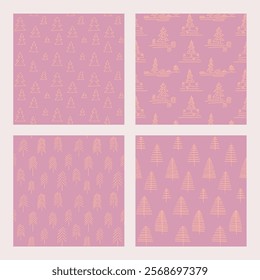 Set of New Year, Christmas patterns with fir trees. Scandinavian Norwegian simple winter print. Minimalistic graphic illustration. Striped herringbone pattern with snowflakes, snowballs.