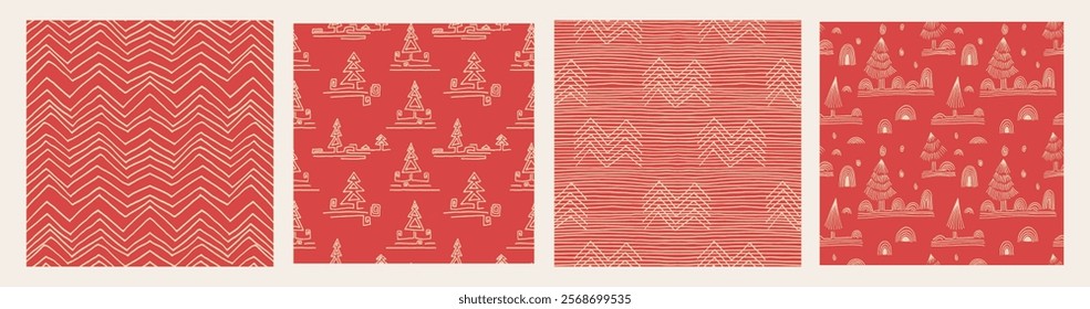 Set of New Year, Christmas patterns with fir trees. Scandinavian Norwegian simple winter print. Minimalistic graphic illustration. Striped herringbone pattern with snowflakes, snowballs.