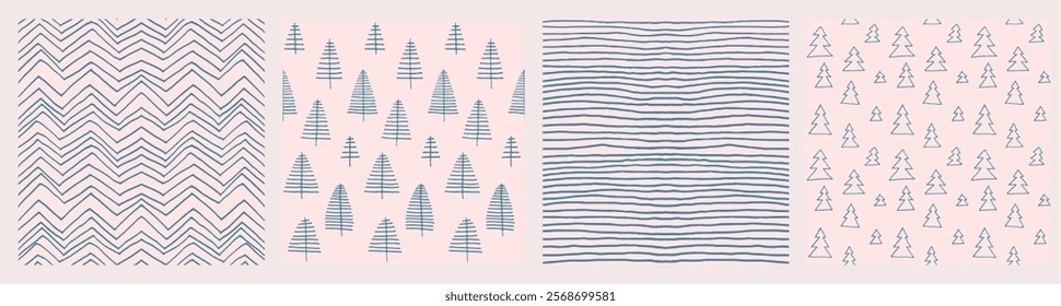 Set of New Year, Christmas patterns with fir trees. Scandinavian Norwegian simple winter print. Minimalistic graphic illustration. Striped herringbone pattern with snowflakes, snowballs.