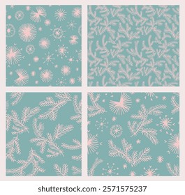 Set of New Year, Christmas patterns with fir trees. Scandinavian Norwegian simple winter print. Minimalistic graphic illustration. Striped herringbone pattern with snowflakes, snowballs.