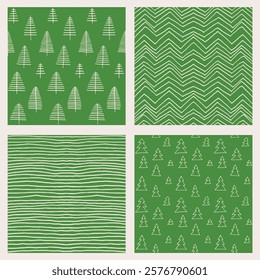 Set of New Year, Christmas patterns with fir trees. Scandinavian Norwegian simple winter print. Minimalistic graphic illustration. Striped herringbone pattern with snowflakes, snowballs.