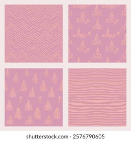 Set of New Year, Christmas patterns with fir trees. Scandinavian Norwegian simple winter print. Minimalistic graphic illustration. Striped herringbone pattern with snowflakes, snowballs.