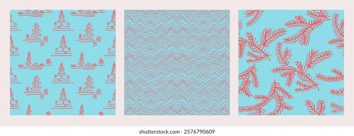 Set of New Year, Christmas patterns with fir trees. Scandinavian Norwegian simple winter print. Minimalistic graphic illustration. Striped herringbone pattern with snowflakes, snowballs.