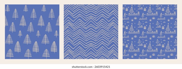 Set of New Year, Christmas patterns with fir trees. Scandinavian Norwegian simple winter print. Minimalistic graphic illustration. Striped herringbone pattern with snowflakes, snowballs.