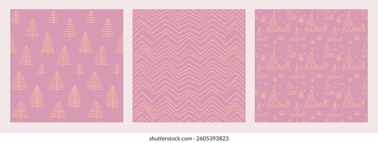 Set of New Year, Christmas patterns with fir trees. Scandinavian Norwegian simple winter print. Minimalistic graphic illustration. Striped herringbone pattern with snowflakes, snowballs.