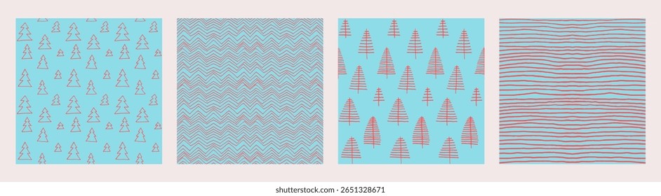 Set of New Year, Christmas patterns with fir trees. Scandinavian Norwegian simple winter print. Minimalistic graphic illustration. Striped herringbone pattern with snowflakes, snowballs.
