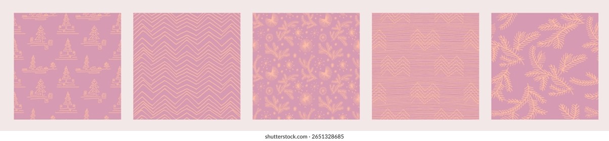 Conjunto de Ano Novo, padrões de Natal com abetos. Escandinavo norueguês simples inverno impressão. Ilustração gráfica minimalista. Padrão de espinha de peixe listrada com flocos de neve, bolas de neve.
