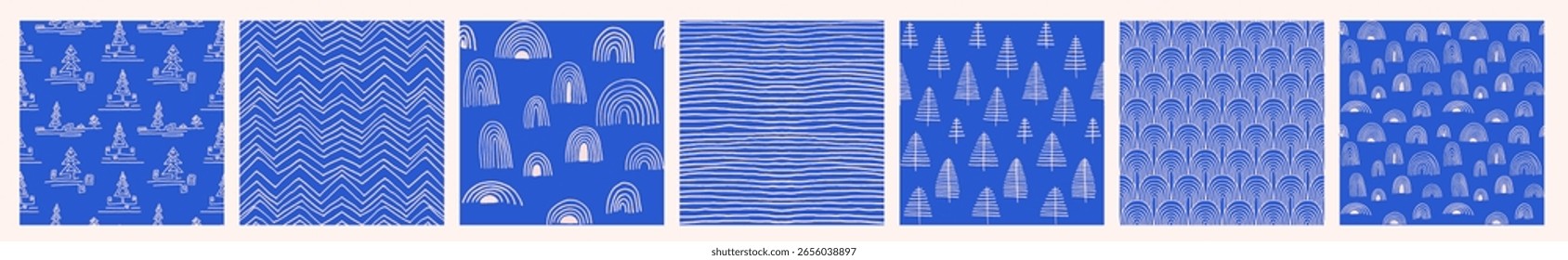 Set of New Year, Christmas patterns with fir trees. Scandinavian Norwegian simple winter print. Minimalistic graphic illustration. Striped herringbone pattern with snowflakes, snowballs.