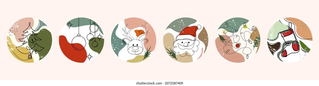 A set New Year   Christmas pictures  Highlights for stories  Festive theme    snowflakes  snow  Santa Claus  deer  Christmas tree  garland  Christmas balls  sock for gifts  Cover icon 