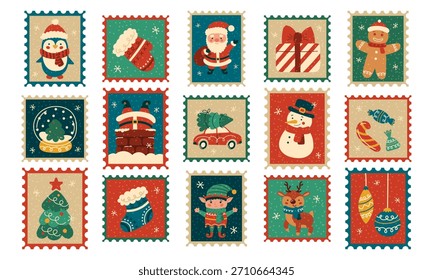 Um conjunto de selos postais de Ano Novo e Natal. Adesivos para decoração de presentes. Papai Noel e um boneco de neve, uma árvore de Natal, um pinguim e um veado. Ilustração vetorial.