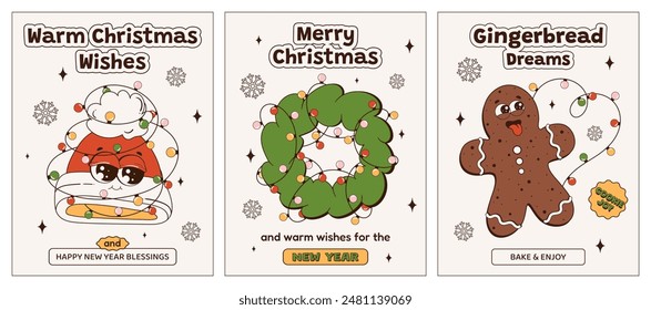 Set of New Year and Christmas posters with groovy-style elements. Gingerbread man, fir wreath with garland, hat with eyes. Collection of posters for Christmas and New Year. Vector