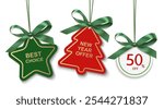 Set of New Year or Christmas sale price tags with green ribbon and green bow isolated on white background. Best choice, New year offer labels. Vector stock illustration. Winter holiday decoration