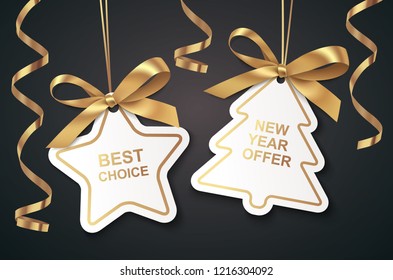 Set of New Year or Christmas Sale tags with golden ribbon and bow on black background. Vector illustration. Winter holiday decoration