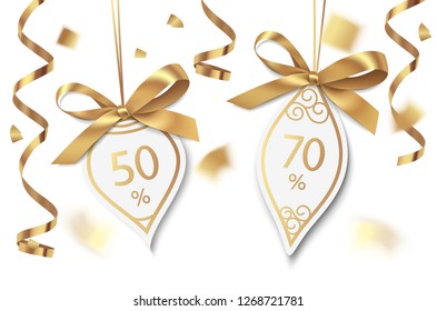 Set of New Year or Christmas Sale tags with golden ribbon and bow isolated on white background. Vector illustration. Holiday decoration