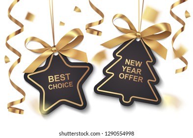 Set of New Year or Christmas Sale black tags with golden ribbon and bow on white background. Vector illustration. Holiday decoration